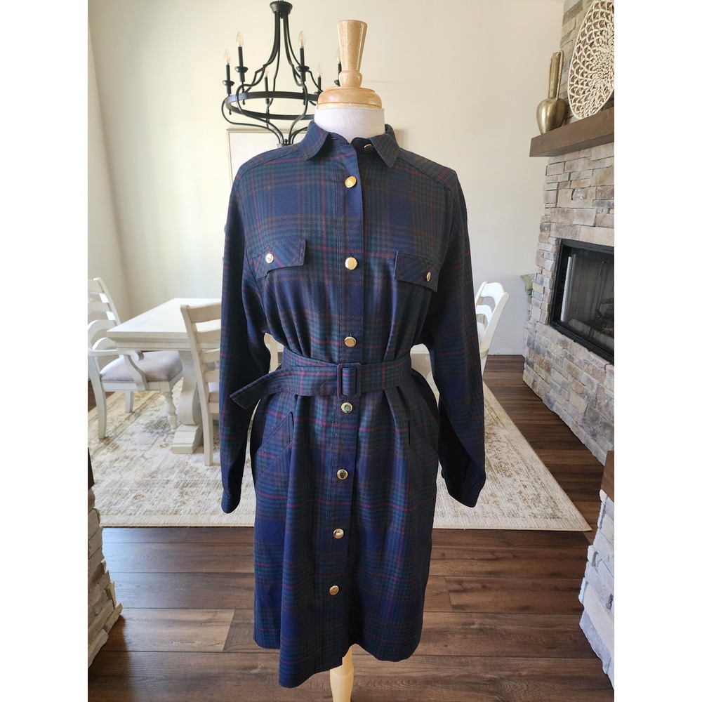 Vintage Plaid Tarten Belted Shirt Dress Navy Blue Gold Buttons Preppy School
